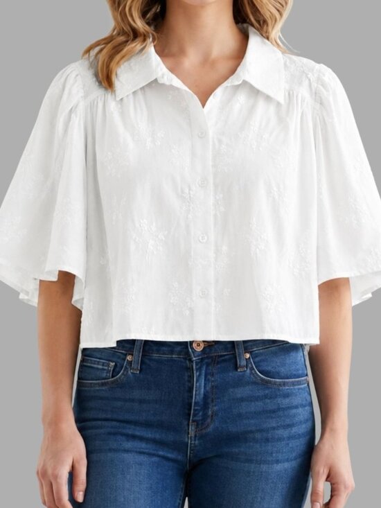 Caroline Constas Tops - Caroline Constas Floral Embroidered Button Up Blouse Cropped White Size XS